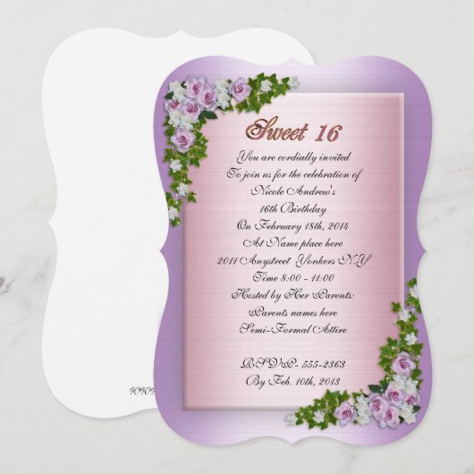 Sweet 16 Invitation Lavendel rozen en klimop Kaart (Voorkant / Achterkant)