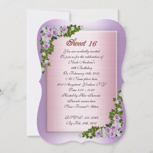 Sweet 16 Invitation Lavendel rozen en klimop Kaart (Voorkant)