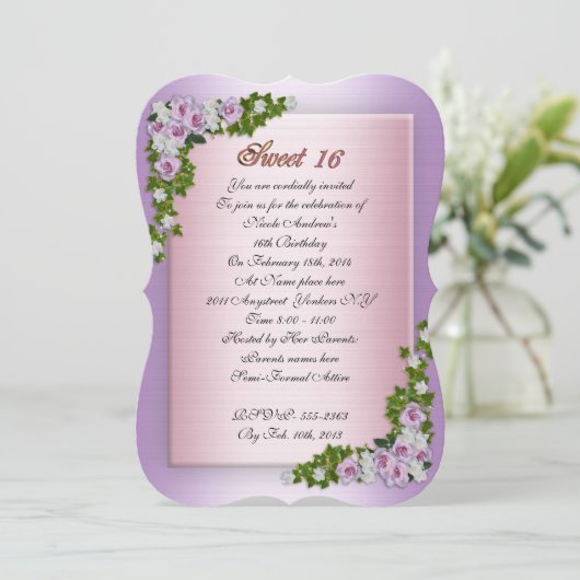 Sweet 16 Invitation Lavendel rozen en klimop Kaart (Staand voorkant)
