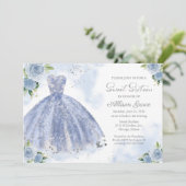 Sweet 16 Invitation Silver Foil Dusty Blue Gown Kaart (Staand voorkant)