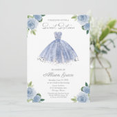 Sweet 16 Invitation Silver Foil Dusty Blue Gown Kaart (Staand voorkant)