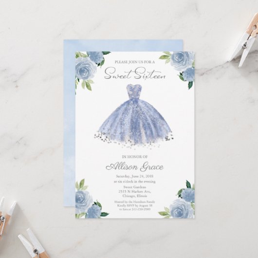 Sweet 16 Invitation Silver Foil Dusty Blue Gown Kaart (Voorkant / Achterkant in situ)