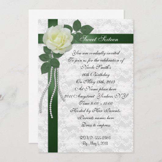 Sweet 16 Invitation Witte roos en groen lint Kaart (Voorkant / Achterkant)