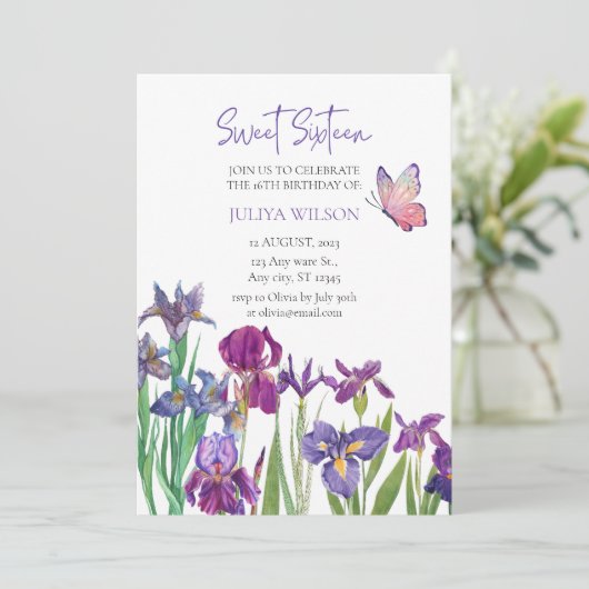 Sweet 16 iris bloem kalligrafie kaart (Staand voorkant)