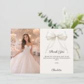 Sweet 16 ivory bow photo pearls bedankkaart (Staand voorkant)