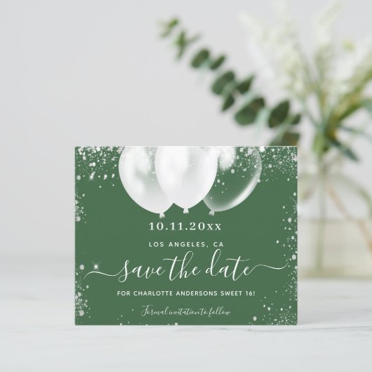 Sweet 16 jager groen wit save date card (Staand voorkant)