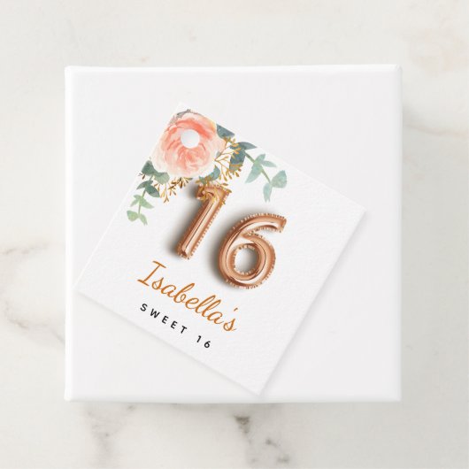 Sweet 16-jarig floreel roos goud eucalyptus bedankjes labels (In situ)