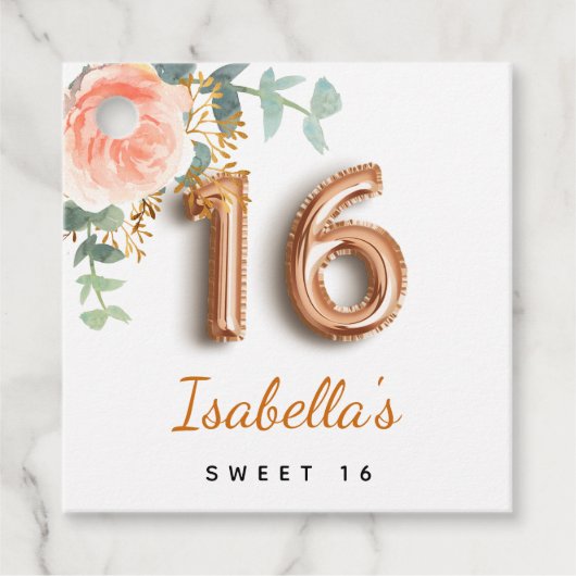 Sweet 16-jarig floreel roos goud eucalyptus bedankjes labels (Voorkant)