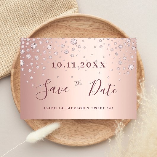 Sweet 16-jarig roos gouddiamanten save the date