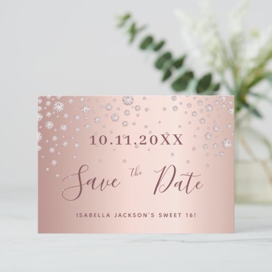 Sweet 16-jarig roos gouddiamanten save the date (Staand voorkant)