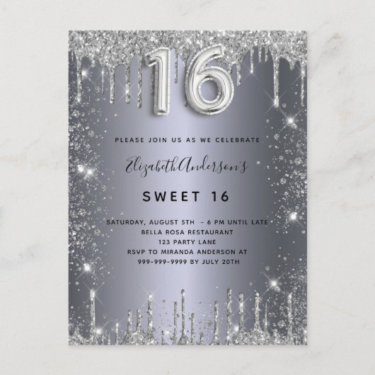 Sweet 16-jarig zilveren glitterstof uitnodiging briefkaart (Voorkant)