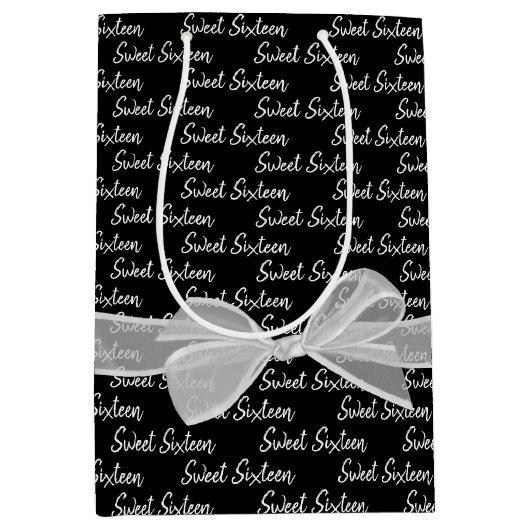 Sweet 16-jarig zwoerd op zwart medium cadeauzakje (Voorkant)
