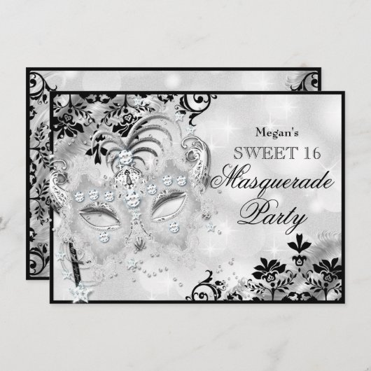 Sweet 16 Jewel Masker & Damask Silver Masquerade Kaart (Voorkant / Achterkant)