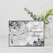 Sweet 16 Jewel Masker & Damask Silver Masquerade Kaart (Staand voorkant)