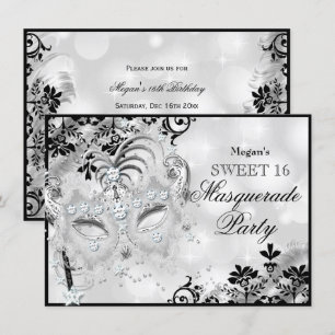 Sweet 16 Jewel Masker & Damask Silver Masquerade Kaart