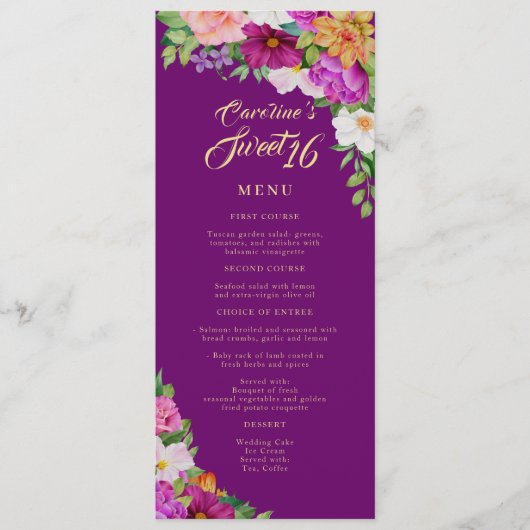 Sweet 16 Joyful Floral Waterverf Paars Menu (Voorkant)
