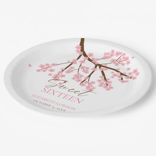 Sweet 16 Kersenbloesems Verjaardag Lente Bloemen Papieren Bordje (Gekanteld)