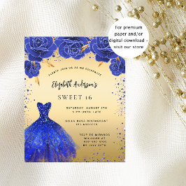 Sweet 16 koningsblauwe jurk bloem budget uitnodigi flyer