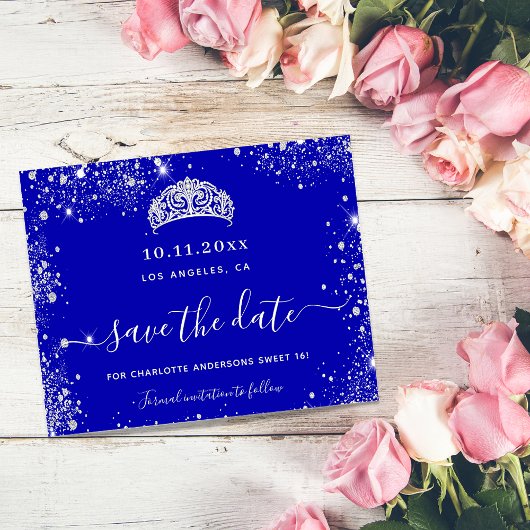 Sweet 16 koninklijk blauw zilver budget save date flyer