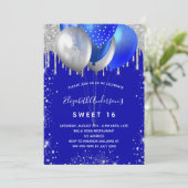 Sweet 16 koninklijk blauw zilver glitter ballonnen kaart (Staand voorkant)