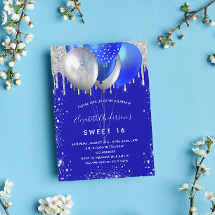 Sweet 16 koninklijk blauw zilver glitter ballonnen kaart