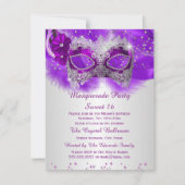 Sweet 16 Lace Mask Paars Silver Masquerade Kaart (Voorkant)
