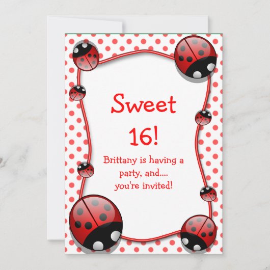 Sweet 16 Ladybug Birthday Party Invitation Kaart (Voorkant)