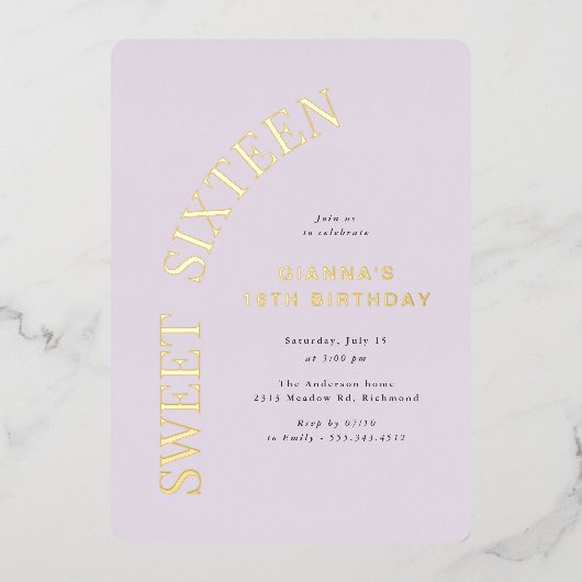 Sweet 16 | Lavendel Paarse & Gouden Meisje Verjaar Folie Uitnodiging (Voorkant)