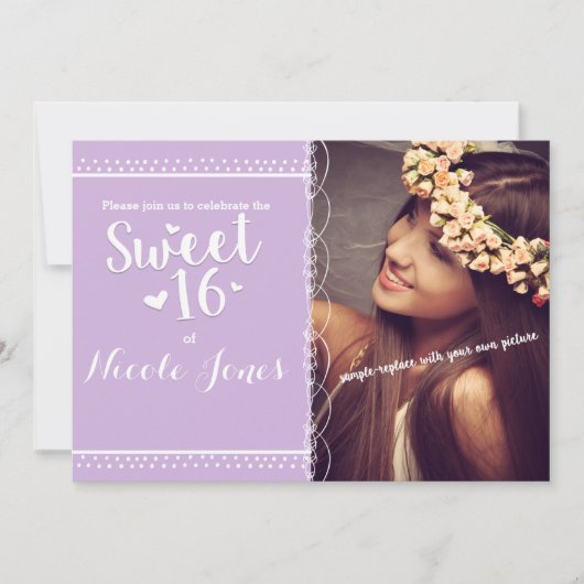 SWEET 16 Lavendel Paarse Party Fotouitnodiging Kaart (Voorkant)
