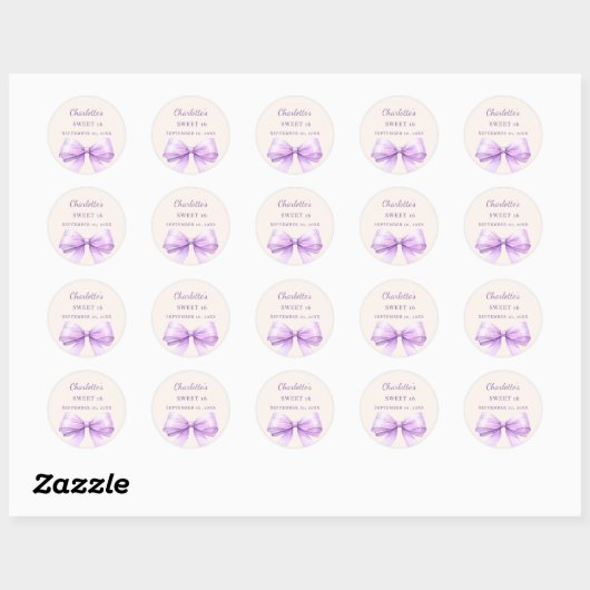 Sweet 16 lavender bow ivory ronde sticker (Vel)