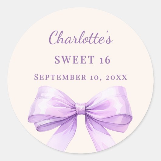 Sweet 16 lavender bow ivory ronde sticker (Voorkant)