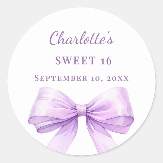 Sweet 16 lavender bow ronde sticker (Voorkant)