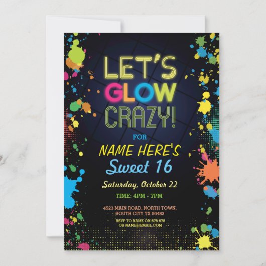 Sweet 16 Let's Glow Crazy Birthday Neon Invite Kaart (Voorkant)