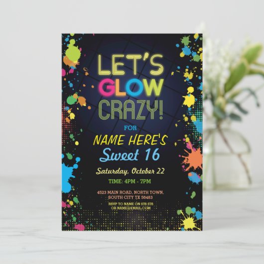 Sweet 16 Let's Glow Crazy Birthday Neon Invite Kaart (Staand voorkant)