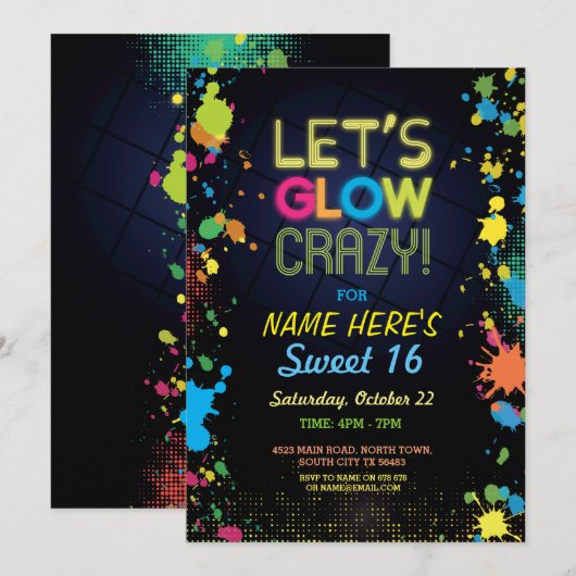Sweet 16 Let's Glow Crazy Birthday Neon Invite Kaart (Voorkant / Achterkant)