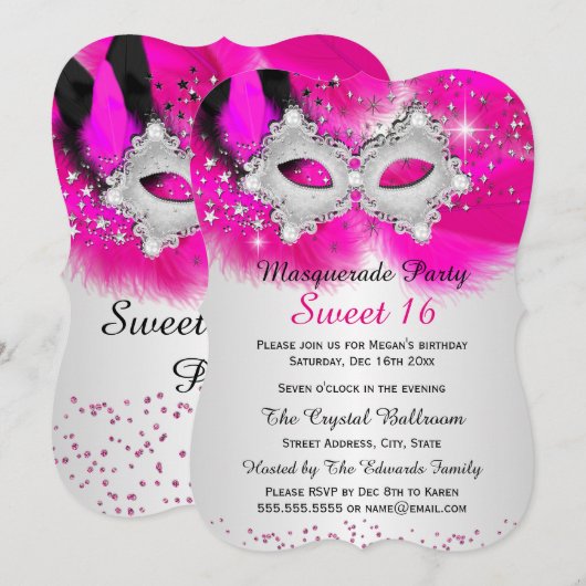 Sweet 16-lettermaskers, hot-roze Silver Masquerade Kaart (Voorkant / Achterkant)