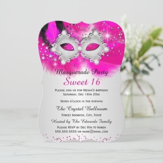 Sweet 16-lettermaskers, hot-roze Silver Masquerade Kaart (Staand voorkant)