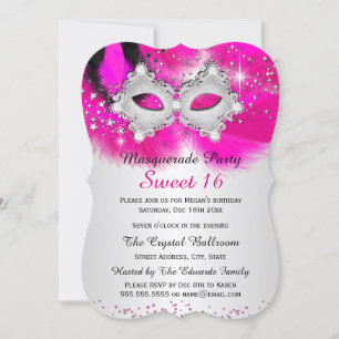 Sweet 16-lettermaskers, hot-roze Silver Masquerade Kaart