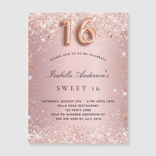 Sweet 16 lichtroze roze roze glitter magnet-uitnod (Voorkant)