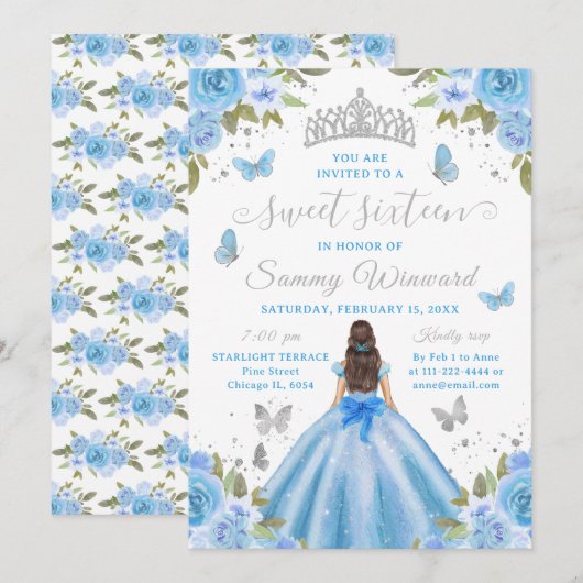 Sweet 16 Light Blue Princess Brunette Girl Kaart (Voorkant / Achterkant)