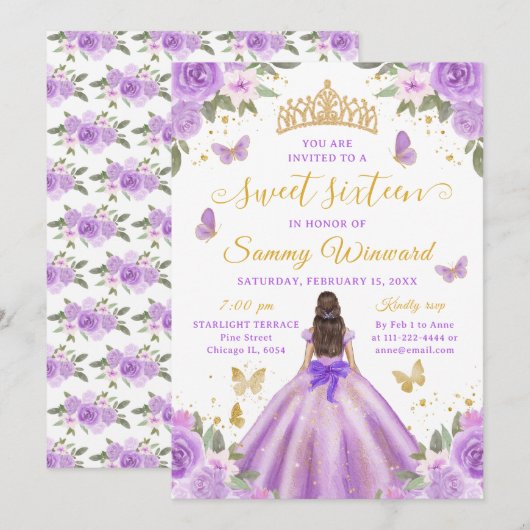 Sweet 16 Light Purple Princess Brunette Girl Kaart (Voorkant / Achterkant)