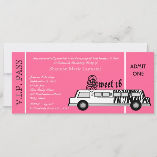 Sweet 16 Limo Party Pass Kaart (Voorkant)