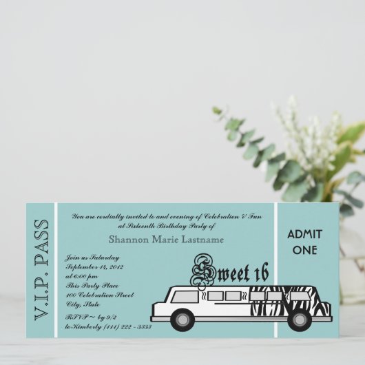 Sweet 16 Limo Party Pass Kaart (Staand voorkant)