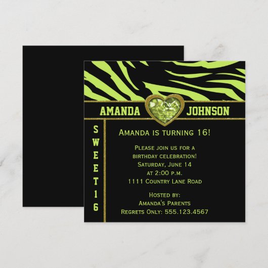 Sweet 16 Limoen Black Zebra Limoen en Gold Heart Kaart (Voorkant / Achterkant)