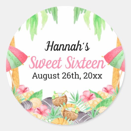 Sweet 16 Luau Party Hawaïaanse Waterverf Custom Ronde Sticker (Voorkant)