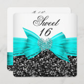 Sweet 16 Luxe Glitter Blauwgroen Bow Black White Kaart (Voorkant / Achterkant)