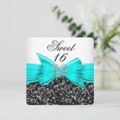 Sweet 16 Luxe Glitter Blauwgroen Bow Black White Kaart (Staand voorkant)
