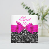 Sweet 16 Luxe Glitter Hot Pink Bow Black White Kaart (Staand voorkant)