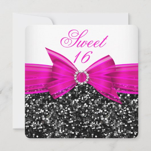 Sweet 16 Luxe Glitter Hot Pink Bow Black White Kaart (Voorkant)