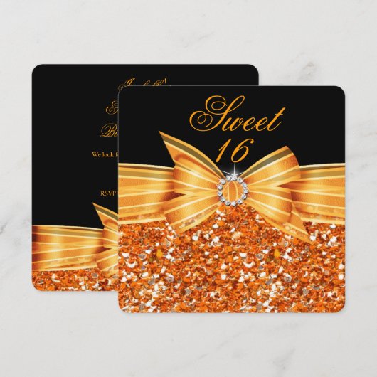 Sweet 16 Luxe Glitter Oranje Gold Black Party Kaart (Voorkant / Achterkant)